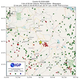 Mapa sísmico del sismo de magnitud 3.4 a 1 km al SO de Calacoa, Mariscal Nieto - Moquegua, Perú