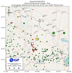 Mapa sísmico del sismo de magnitud 3.4 a 10 km al E de Ocuviri, Lampa - Puno, Perú