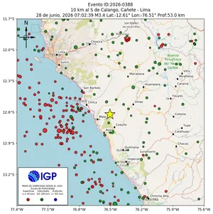 Mapa sísmico del sismo de magnitud 3.4 a 10 km al S de Calango, Cañete - Lima, Perú