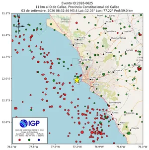Mapa sísmico del sismo de magnitud 3.4 a 11 km al O de Callao, Provincia Constitucional del Callao, Perú