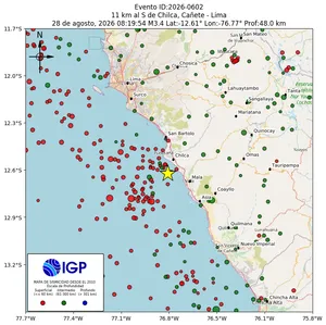 Mapa sísmico del sismo de magnitud 3.4 a 11 km al S de Chilca, Cañete - Lima, Perú