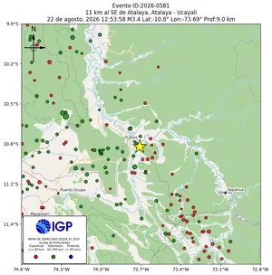 Mapa sísmico del sismo de magnitud 3.4 a 11 km al SE de Atalaya, Atalaya - Ucayali, Perú