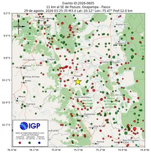 Mapa sísmico del sismo de magnitud 3.4 a 11 km al SE de Pozuzo, Oxapampa - Pasco, Perú