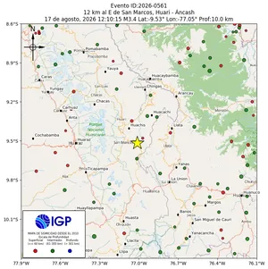 Mapa sísmico del sismo de magnitud 3.4 a 12 km al E de San Marcos, Huari - Áncash, Perú