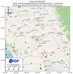 Mapa sísmico del sismo de magnitud 3.4 a 14 km al SE de Santiago de Chuco, Santiago de Chuco - La Libertad, Perú