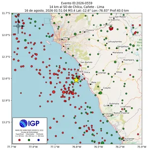 Mapa sísmico del sismo de magnitud 3.4 a 14 km al SO de Chilca, Cañete - Lima, Perú