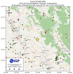 Mapa sísmico del sismo de magnitud 3.4 a 15 km al E de Colcabamba, Tayacaja - Huancavelica, Perú