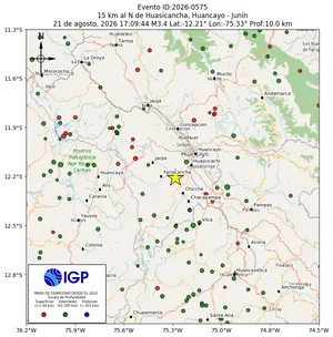 Mapa sísmico del sismo de magnitud 3.4 a 15 km al N de Huasicancha, Huancayo - Junín, Perú
