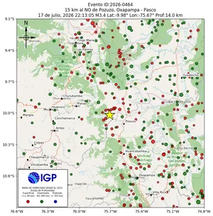Mapa sísmico del sismo de magnitud 3.4 a 15 km al NO de Pozuzo, Oxapampa - Pasco, Perú