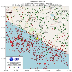 Mapa sísmico del sismo de magnitud 3.4 a 15 km al SE de Chala, Caraveli - Arequipa, Perú
