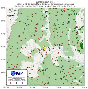 Mapa sísmico del sismo de magnitud 3.4 a 16 km al NE de Santa María de Nieva, Condorcanqui - Amazonas, Perú