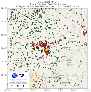 Mapa sísmico del sismo de magnitud 3.4 a 17 km al S de Maca, Caylloma - Arequipa, Perú