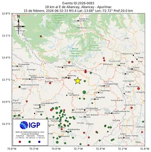 Mapa sísmico del sismo de magnitud 3.4 a 18 km al E de Abancay, Abancay - Apurímac, Perú