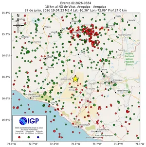Mapa sísmico del sismo de magnitud 3.4 a 18 km al NO de Vitor, Arequipa - Arequipa, Perú