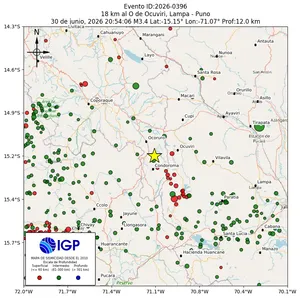 Mapa sísmico del sismo de magnitud 3.4 a 18 km al O de Ocuviri, Lampa - Puno, Perú