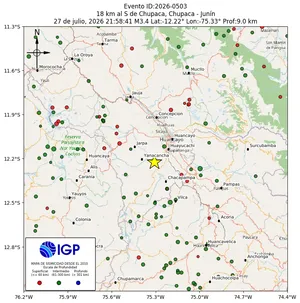 Mapa sísmico del sismo de magnitud 3.4 a 18 km al S de Chupaca, Chupaca - Junín, Perú