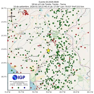 Mapa sísmico del sismo de magnitud 3.4 a 18 km al S de Tarata, Tarata - Tacna, Perú