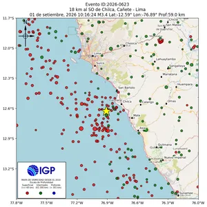 Mapa sísmico del sismo de magnitud 3.4 a 18 km al SO de Chilca, Cañete - Lima, Perú
