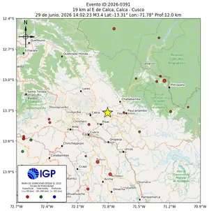 Mapa sísmico del sismo de magnitud 3.4 a 19 km al E de Calca, Calca - Cusco, Perú