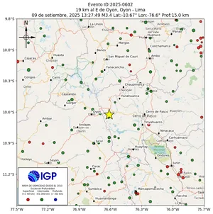 Mapa sísmico del sismo de magnitud 3.4 a 19 km al E de Oyon, Oyon - Lima, Perú