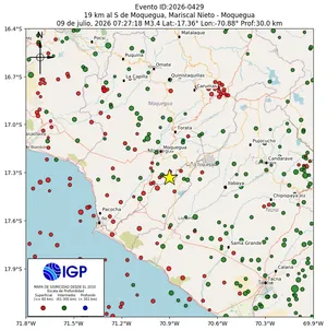 Mapa sísmico del sismo de magnitud 3.4 a 19 km al S de Moquegua, Mariscal Nieto - Moquegua, Perú