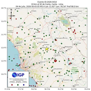 Mapa sísmico del sismo de magnitud 3.4 a 19 km al SE de Canta, Canta - Lima, Perú