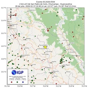 Mapa sísmico del sismo de magnitud 3.4 a 2 km al E de San Pedro de Coris, Churcampa - Huancavelica, Perú