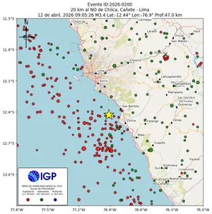 Mapa sísmico del sismo de magnitud 3.4 a 20 km al NO de Chilca, Cañete - Lima, Perú