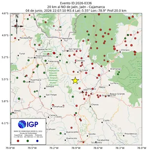 Mapa sísmico del sismo de magnitud 3.4 a 20 km al NO de Jaén, Jaén - Cajamarca, Perú