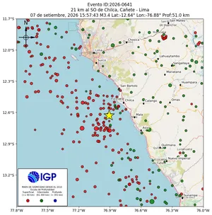 Mapa sísmico del sismo de magnitud 3.4 a 21 km al SO de Chilca, Cañete - Lima, Perú