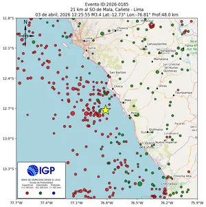 Mapa sísmico del sismo de magnitud 3.4 a 21 km al SO de Mala, Cañete - Lima, Perú
