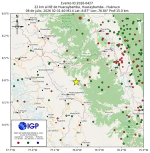 Mapa sísmico del sismo de magnitud 3.4 a 22 km al NE de Huacaybamba, Huacaybamba - Huánuco, Perú