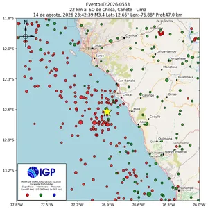 Mapa sísmico del sismo de magnitud 3.4 a 22 km al SO de Chilca, Cañete - Lima, Perú