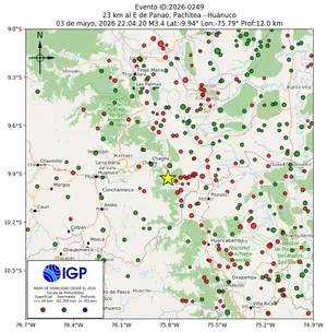Mapa sísmico del sismo de magnitud 3.4 a 23 km al E de Panao, Pachitea - Huánuco, Perú