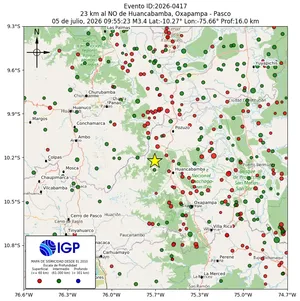 Mapa sísmico del sismo de magnitud 3.4 a 23 km al NO de Huancabamba, Oxapampa - Pasco, Perú