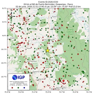 Mapa sísmico del sismo de magnitud 3.4 a 26 km al NO de Puerto Bermúdez, Oxapampa - Pasco, Perú