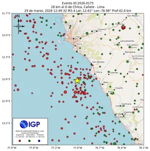 Mapa sísmico del sismo de magnitud 3.4 a 28 km al O de Chilca, Cañete - Lima, Perú