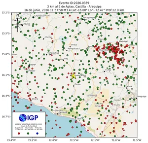 Mapa sísmico del sismo de magnitud 3.4 a 3 km al E de Aplao, Castilla - Arequipa, Perú