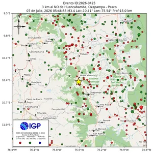 Mapa sísmico del sismo de magnitud 3.4 a 3 km al NO de Huancabamba, Oxapampa - Pasco, Perú