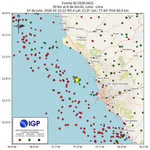 Mapa sísmico del sismo de magnitud 3.4 a 30 km al O de Ancón, Lima - Lima, Perú