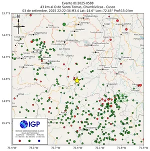 Mapa sísmico del sismo de magnitud 3.4 a 43 km al O de Santo Tomas, Chumbivilcas - Cusco, Perú
