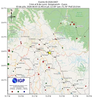 Mapa sísmico del sismo de magnitud 3.4 a 5 km al N de Lucre, Quispicanchi - Cusco, Perú