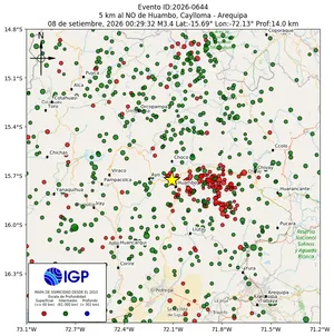 Mapa sísmico del sismo de magnitud 3.4 a 5 km al NO de Huambo, Caylloma - Arequipa, Perú