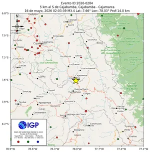 Mapa sísmico del sismo de magnitud 3.4 a 5 km al S de Cajabamba, Cajabamba - Cajamarca, Perú