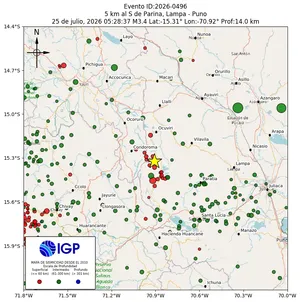 Mapa sísmico del sismo de magnitud 3.4 a 5 km al S de Parina, Lampa - Puno, Perú