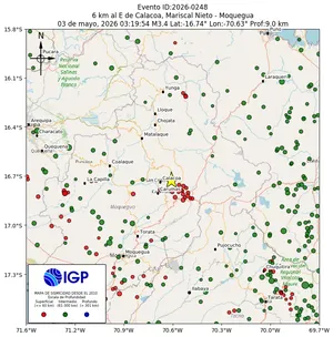 Mapa sísmico del sismo de magnitud 3.4 a 6 km al E de Calacoa, Mariscal Nieto - Moquegua, Perú