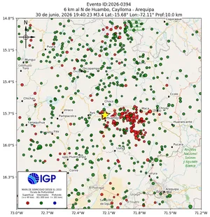 Mapa sísmico del sismo de magnitud 3.4 a 6 km al N de Huambo, Caylloma - Arequipa, Perú