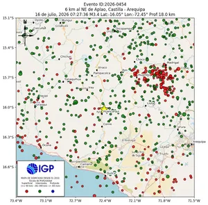 Mapa sísmico del sismo de magnitud 3.4 a 6 km al NE de Aplao, Castilla - Arequipa, Perú