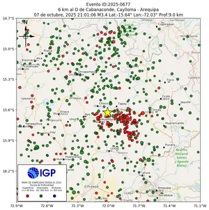 Mapa sísmico del sismo de magnitud 3.4 a 6 km al O de Cabanaconde, Caylloma - Arequipa, Perú