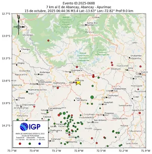 Mapa sísmico del sismo de magnitud 3.4 a 7 km al E de Abancay, Abancay - Apurímac, Perú